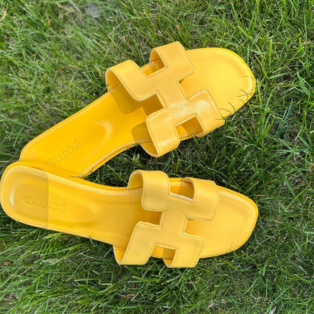 Lux Bright Yellow Slide Sandals with Cutout H-Style Strap